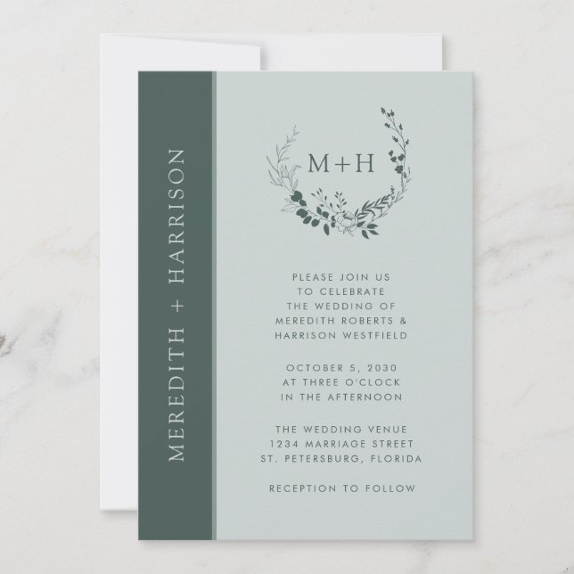 Sage Emerald Monogram Wreath Wedding Invitation (Front)