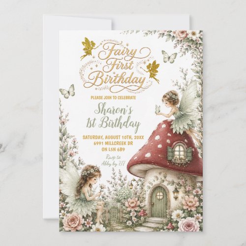 Sage Enchanted Forest Fairy First Birthday Invitation