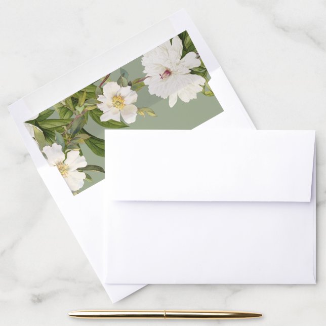 Sage Envelope Liner Vintage White Floral Wedding (Desk)