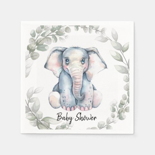 Sage eucalyptus and Cute Elephant Baby Shower Napkins