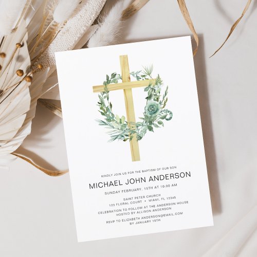 Sage Eucalyptus Baptism Greenery Gold Cross Invitation