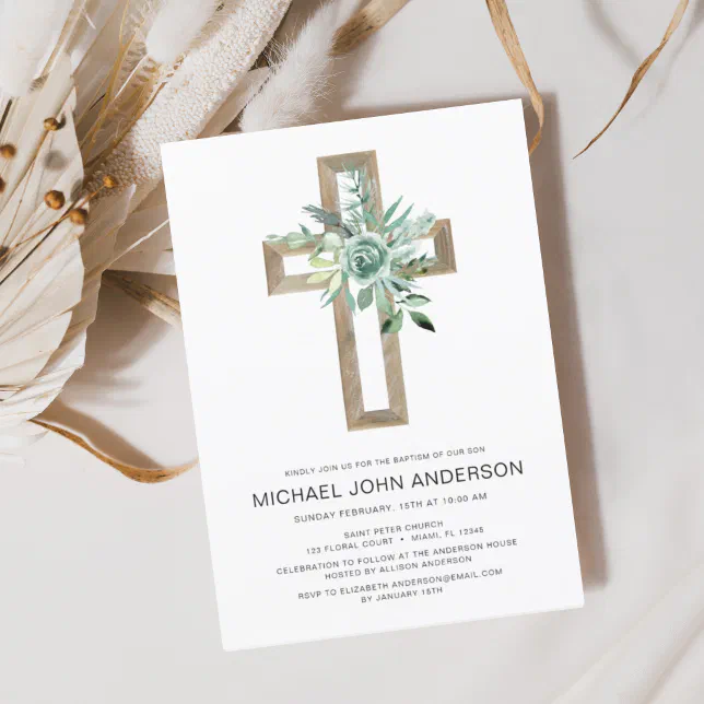 Sage Eucalyptus Baptism Greenery Gold Cross Invitation | Zazzle