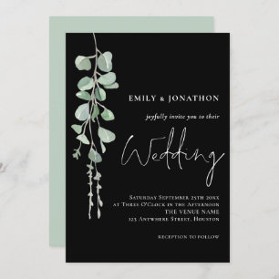 Sage Eucalyptus Elegant Script Black Wedding Invitation