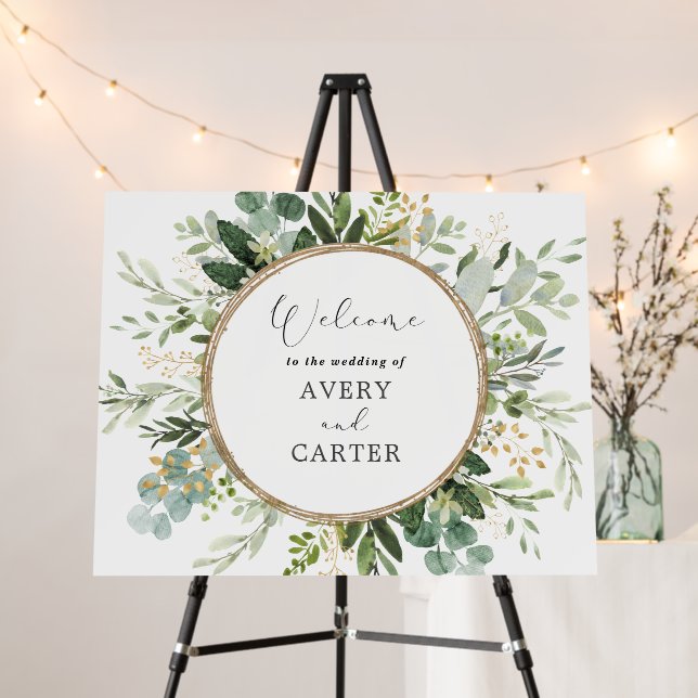 Sage Eucalyptus Greenery Gold Wedding Welcome Foam Board (In Situ (Stand))