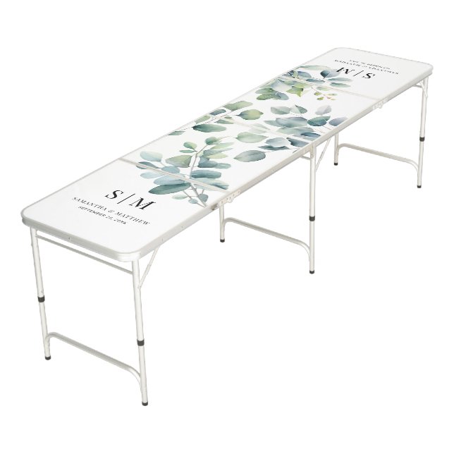 Sage Eucalyptus Minimalist Couple Initials Wedding Beer Pong Table (Angled)