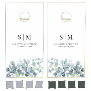 Sage Eucalyptus Minimalist Couple Initials Wedding Cornhole Set