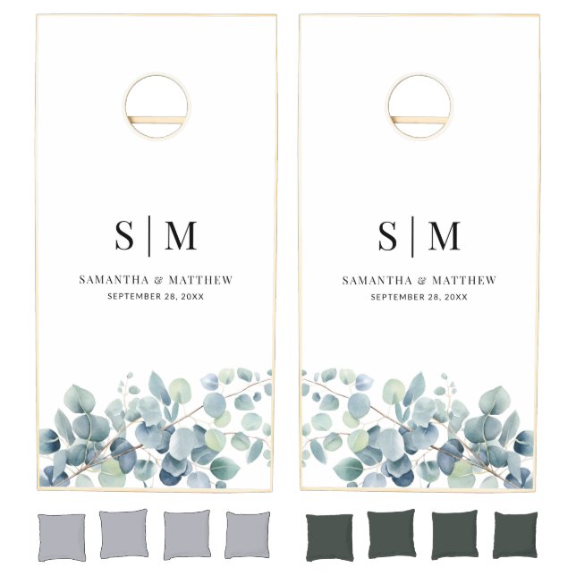 Sage Eucalyptus Minimalist Couple Initials Wedding Cornhole Set (Set)