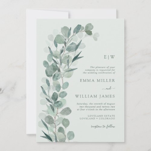 Sage Eucalyptus Monogrammed Wedding Invitation