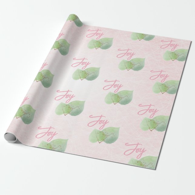 Sage Eucalyptus pink background Joy Script   Wrapping Paper (Unrolled)