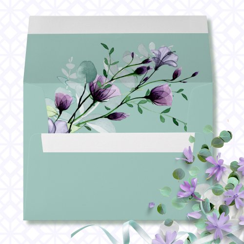 Sage Eucalyptus Purple Floral Watercolor Wedding Envelope