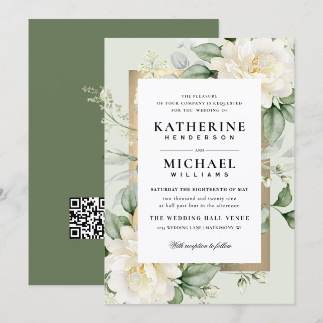 Sage Eucalyptus Rose Ivory & Gold Frame Wedding Invitation (Front/Back)