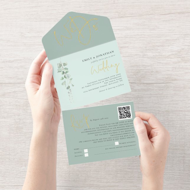 Sage Eucalyptus We Do Wedding Foil All In One Invitation (Tearaway)