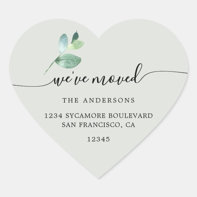 Sage Eucalyptus We’ve Moved New Address Heart Sticker (Front)