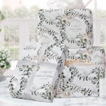 Sage Eucalyptus Wedding Add Names & Congratulation Wrapping Paper<br><div class="desc">A sage green wedding wrapping paper featuring a sage eucalyptus wreath with blush rose and white flowers over sage green watercolor washes with the bride and groom's names and numeric wedding date and the word,  "Congratulations."</div>