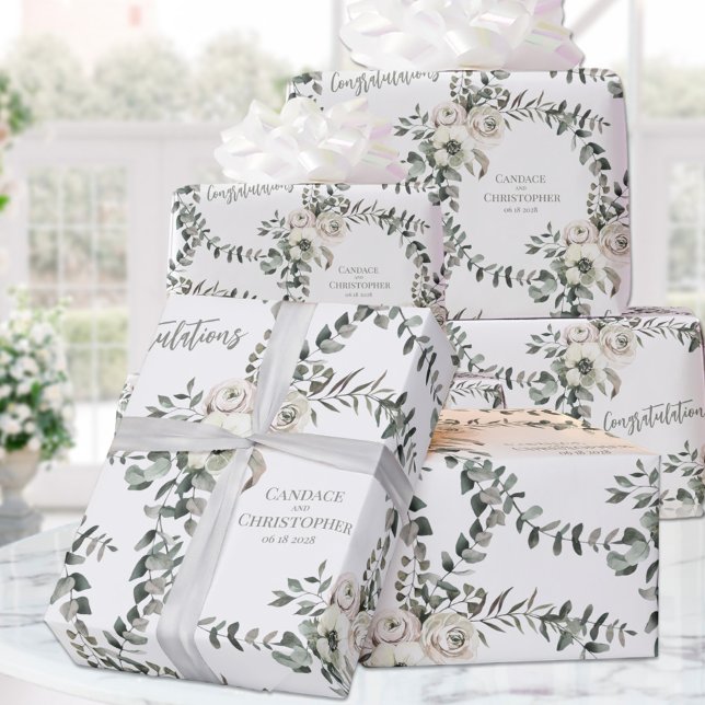 Sage Eucalyptus Wedding Add Names & Congratulation Wrapping Paper (Creator Uploaded)