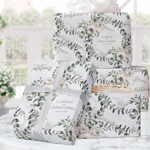 Sage Eucalyptus Wedding Add Names  Congratulation Wrapping Paper