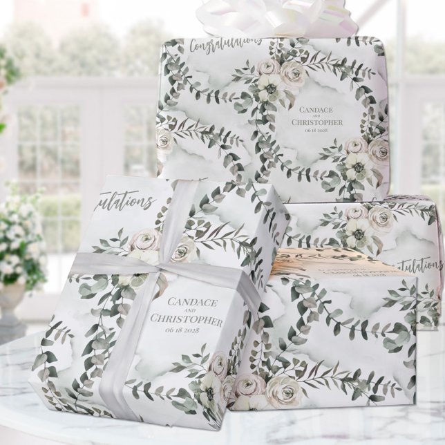 Sage Eucalyptus Wedding Add Names & Congratulation Wrapping Paper (Creator Uploaded)