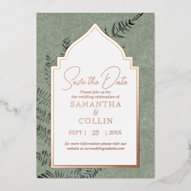Sage Evergreen Fern Botanical Save the Date Foil Invitation (Front)
