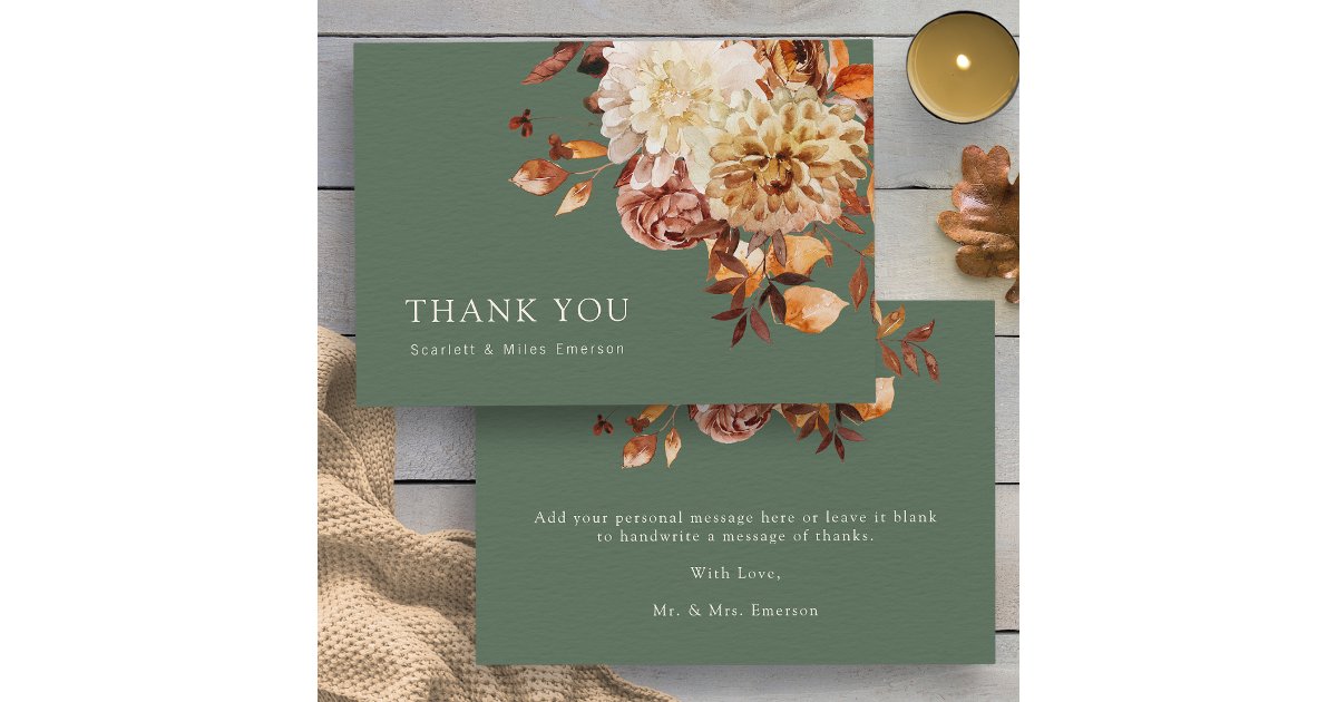 Sage Fall Terracotta Watercolor Floral Wedding Thank You Card | Zazzle
