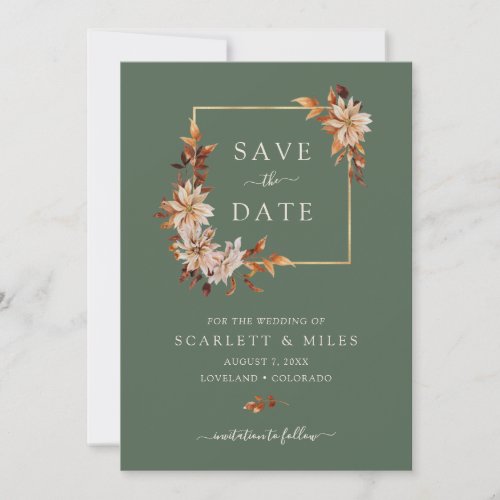 Sage Fall Watercolor Floral Gold Frame Wedding Save The Date