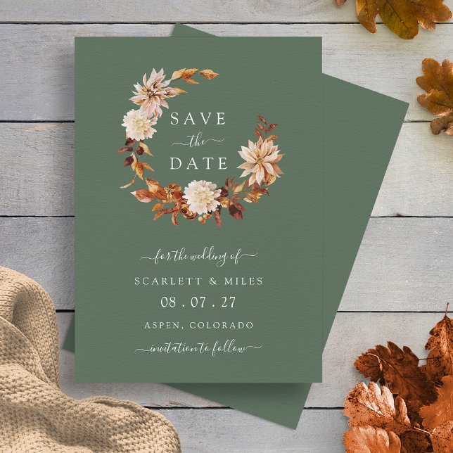 Sage Fall Wreath Wedding Save The Date (Boho Sage Green Fall Wreath Wedding Save The Date Invitation by Painted Paperie
)