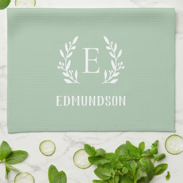 Sage Farmhouse Branch Monogram | Editable Colors Kitchen Towel (Folded)