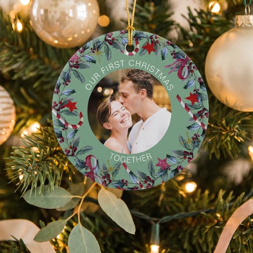 Sage First Christmas Together Personalized Photo Ceramic Ornament
