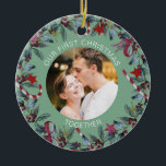 Sage First Christmas Together Personalized Photo Ceramic Ornament<br><div class="desc">Romantic ornament for a couple features beautiful Christmas wreath and a sage green background. Personalize the template with your photograph,  names or custom text. You can change the background color if you like,  just click on "Edit using design tool".</div>
