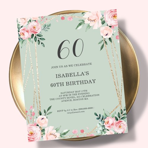 Sage Floral 60th Budget Birthday Invitation
