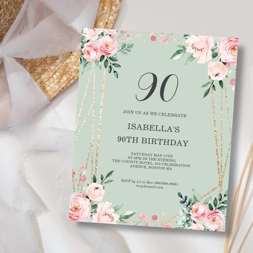 Sage Floral 90th Budget Birthday Invitation