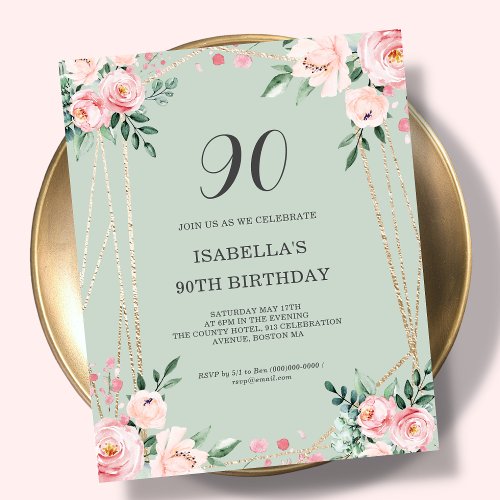 Sage Floral 90th Budget Birthday Invitation