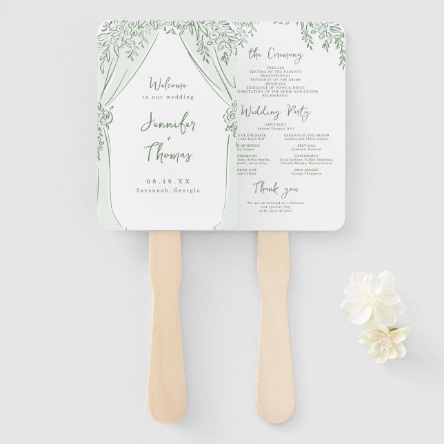 Sage Floral Arch Whimsical Wedding Programs Hand Fan (Front and Back)