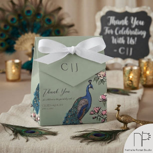 Sage Floral Blue Teal Peacocks Magnolia Flowers Favor Boxes