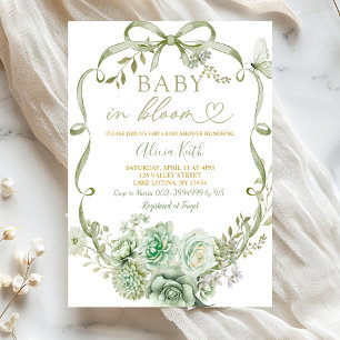 Sage Floral Bow Coquette Baby in bloom Invitation