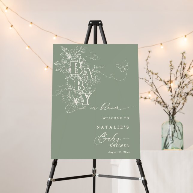 Sage Floral Butterflies Baby in Bloom Welcome Sign (In Situ (Stand))