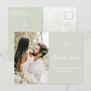 Sage Floral Crest Monogram Photo Wedding Postcard