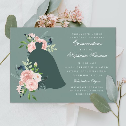 Sage Floral Custom Color Dress Quinceaera  Invitation