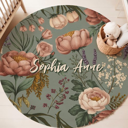 Sage Floral Custom Name Nursery Rug