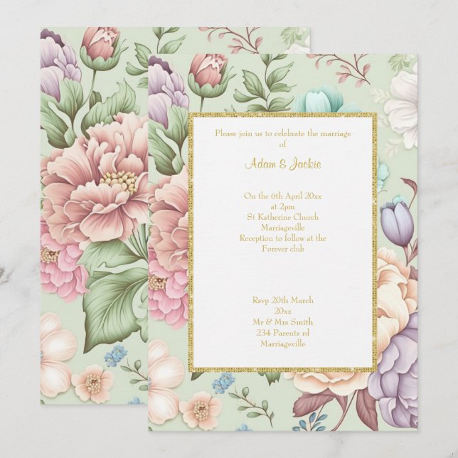SAGE FLORAL ELEGANT WEDDING INVITES  (Front/Back)