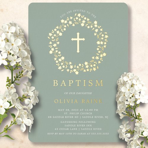 Sage Floral First Baptism Foil Invitation