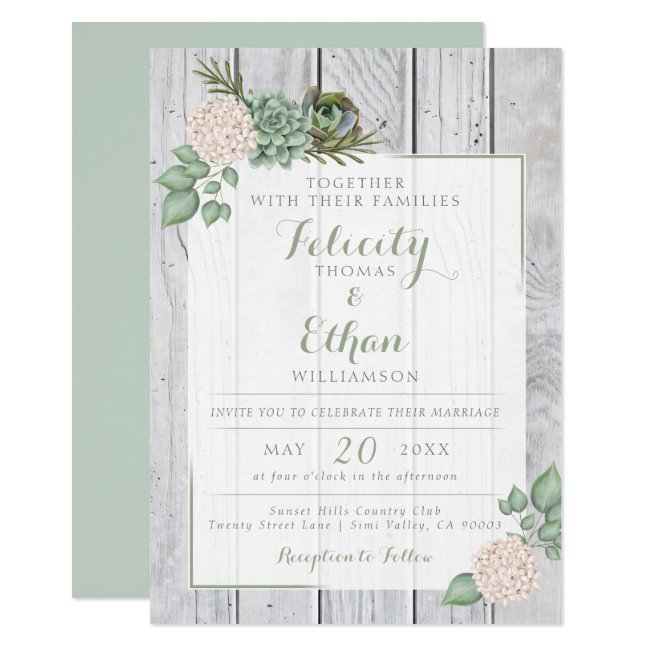 Sage Floral Flowers White Wood Wedding Invitation