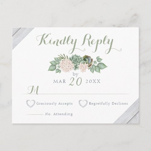 Sage Floral Flowers  White Wood Wedding RSVP Card