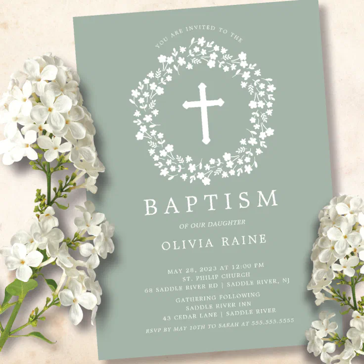 Sage Floral Girls Baptism Invitation | Zazzle