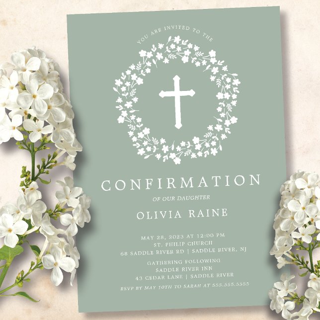 Sage Floral Girls First Confirmation Invitation (Creator Uploaded)