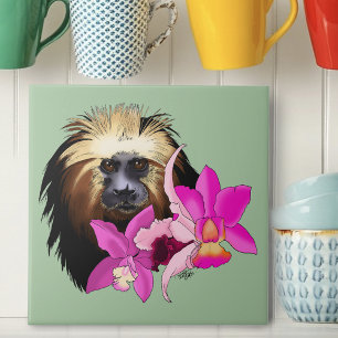 Sage Floral Golden-Headed Lion Tamarin Monkey Ceramic Tile