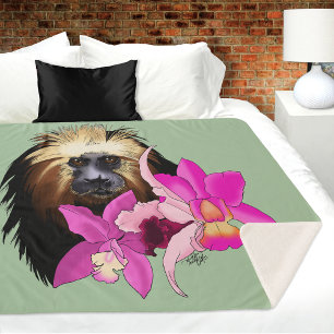 Sage Floral Golden-Headed Lion Tamarin Monkey Sherpa Blanket