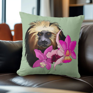 Sage Floral Golden-Headed Lion Tamarin Monkey Throw Pillow