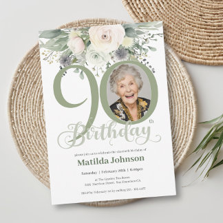 Sage Floral Photo 90th Birthday Invitation