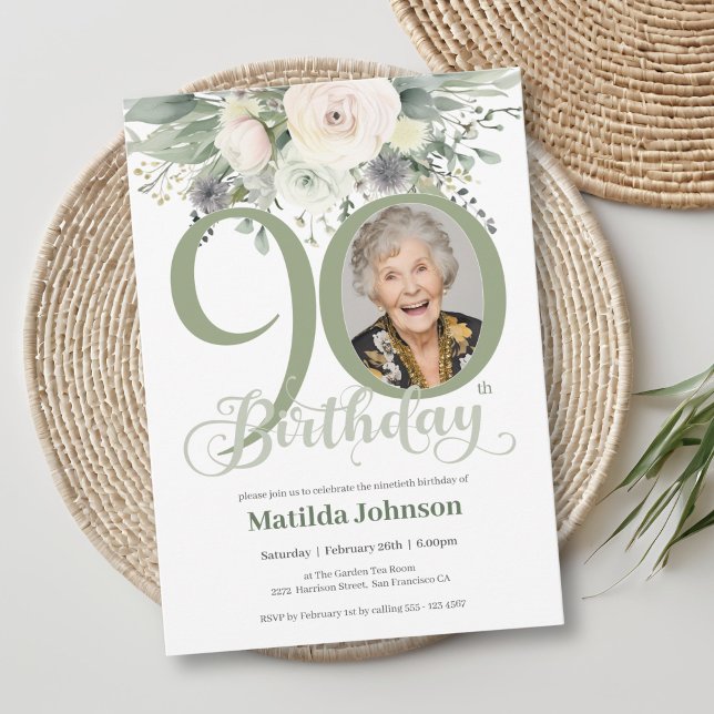Sage Floral Photo 90th Birthday  Invitation (Sage Floral Photo 90th Birthday Invitation)