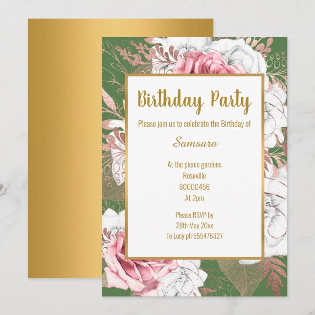 SAGE FLORAL ROSE GOLD BOUQUET BIRTHDAY INVITATION (Front/Back)